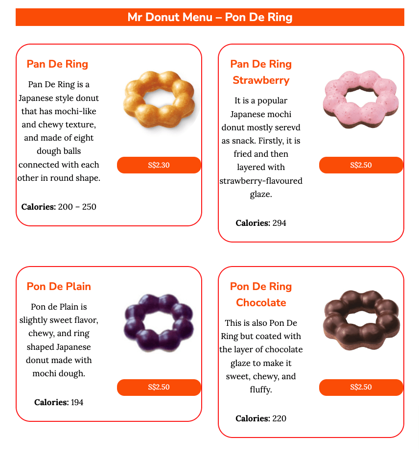Mister Donut Singapore - Pon De Ring (menu)