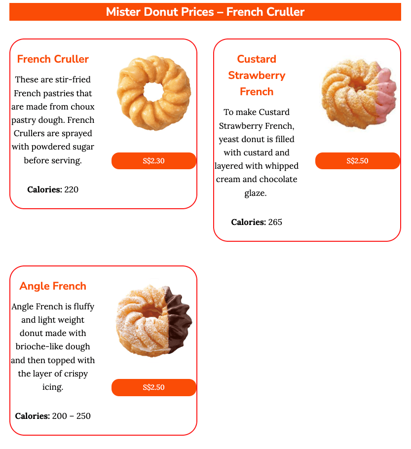 Mister Donut Sinfapore Prices - French Crullers